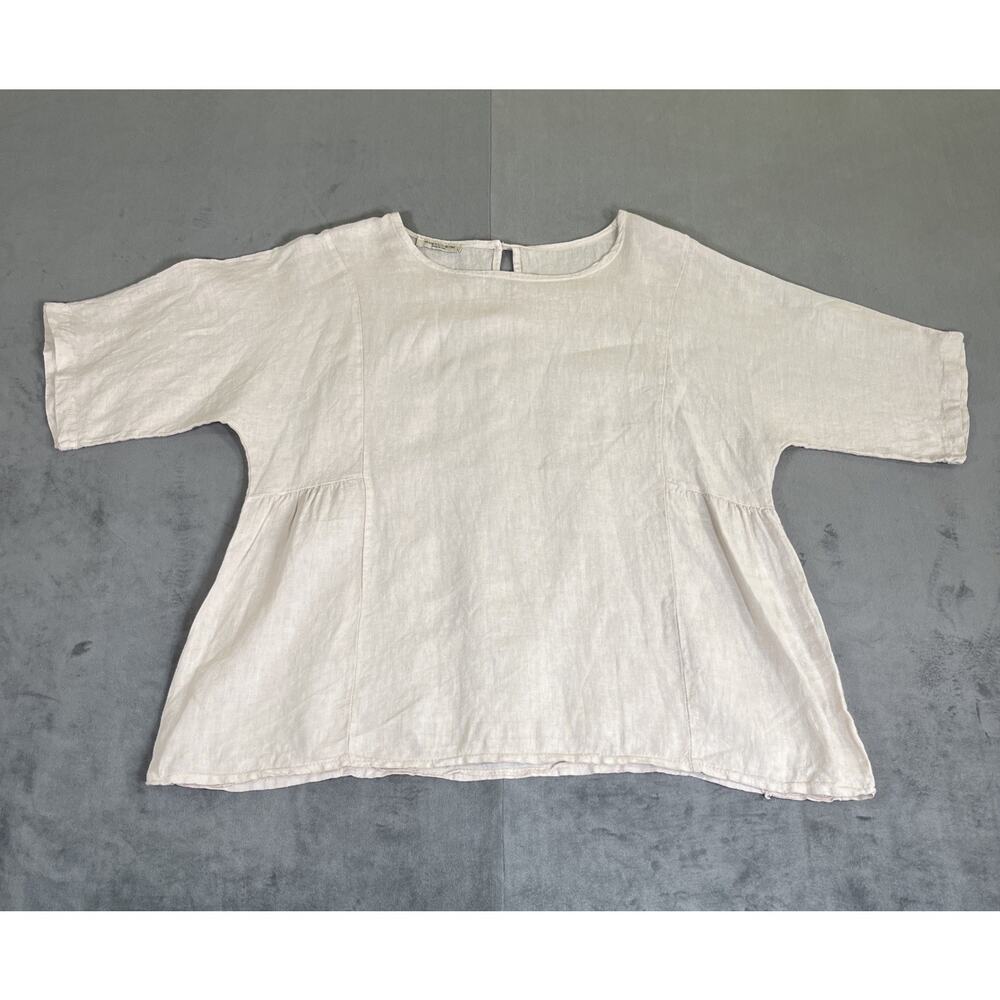 Francesca Bettini Oatmeal/Tan Linen Tunic Top Short Sleeve Lg Lagenlook Beach
